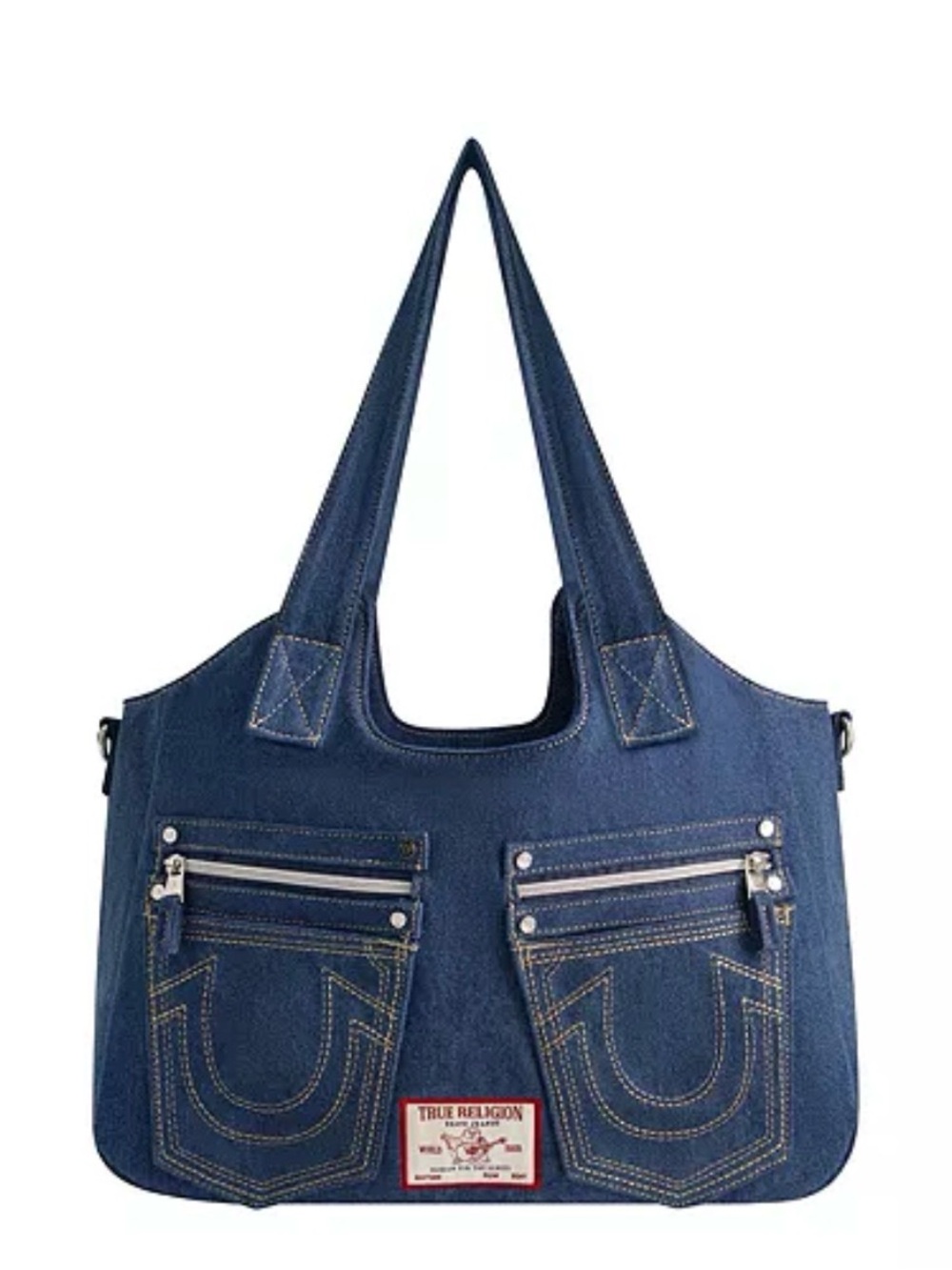 True Religion Dark Blue Denim Shoulder Tote with Front Zip Pockets